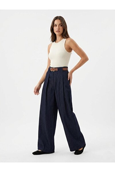 Lunsera Store Pleated Belt Detail Trousers-Navy Blue