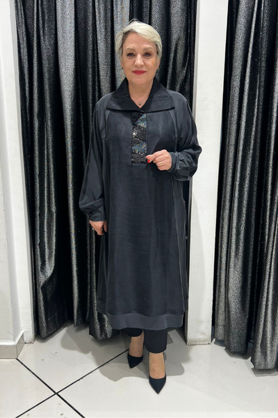selma Büyük Beden Devrik Yaka Aplike Detaylı Tunik