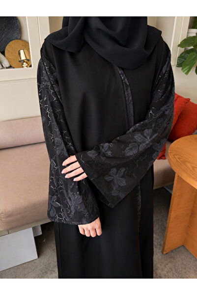VELORA Abaya Lorina Black |   Luxurious Floral Satin Sleeve Kashkosh Dress Su...