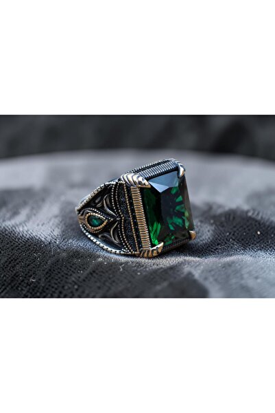 Rubino Silver 925 ayar gümüş erkek yüzük - Zümrüt Taşlı Erkek Yüzük - Bronz D...