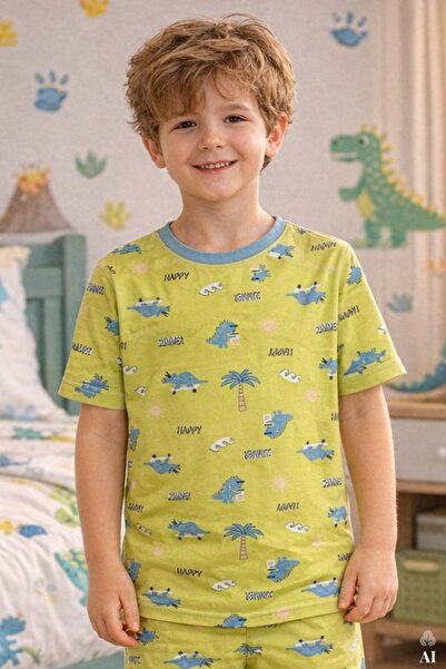 koza iç giyim Erkek Çocuk Pamuklu Çizgili Baskılı Kısa Kollu Şortlu Pijama Takımı
