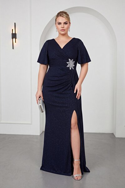 Lafaba Women's Navy Blue V-Neck Accessory Detailed Glittery Plus Size Evening...