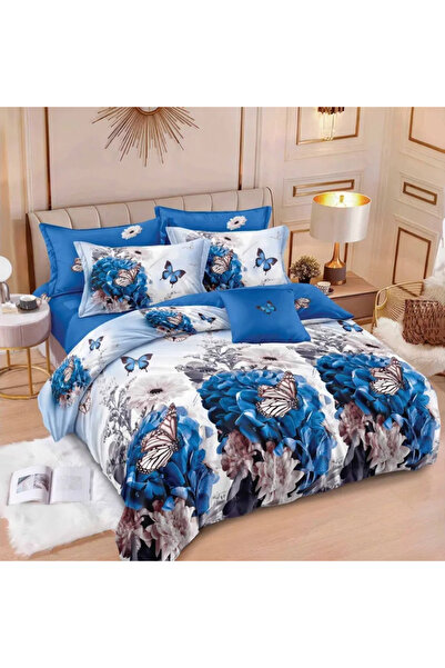 Pucioasa Finet 6-piece Bed Linen, White/Blue, Flowers and Butterflies - R593