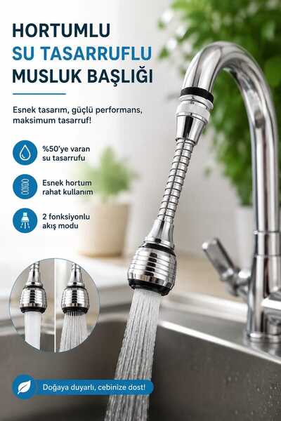 Kinlee Hortumlu Su Tasarruflu Musluk Başlığı 2 Modlu Esnek Spiral Mutfak ve B...