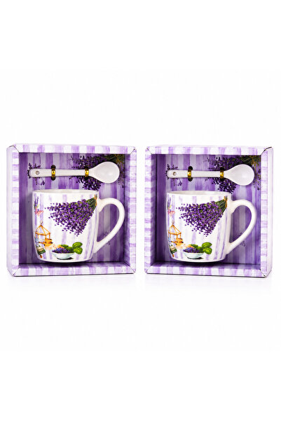 OEM Product name: Set of 2 Ceramic Gift Mugs with Spoon, 150 ml, Lavender Pat...