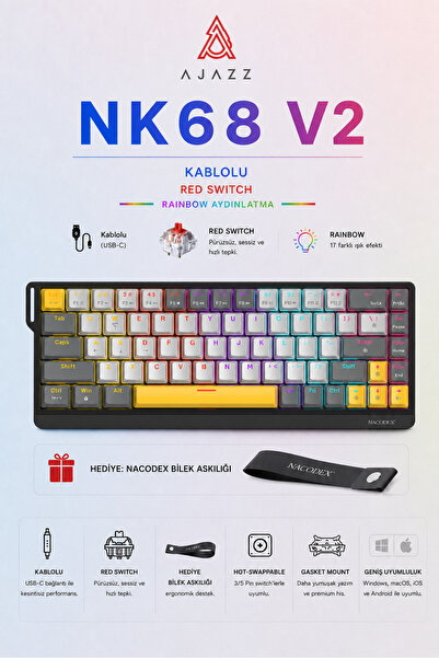 Ajazz NK68V2 Hot Swap Kablolu Mekanik Oyun Klavyesi- Red Switch-Bilek Askılı