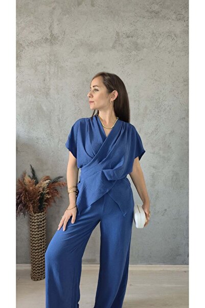 Butik Asimetrik Kesim Bluz Ve Beli Lastikli Pantolon Takım