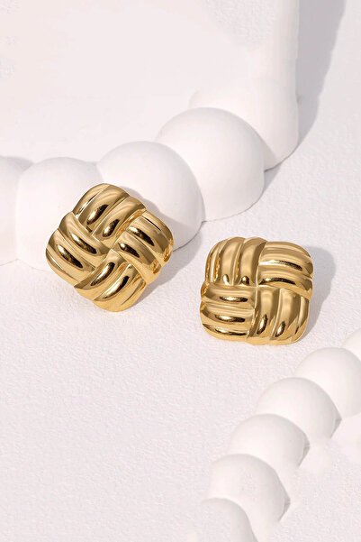 THE Steel Women's Gold Color Square Weave Model Vintage Steel Earrings