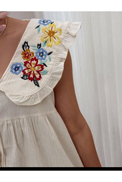 MODA YAKA DETAYLI KETEN ELBİSE