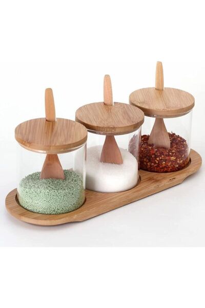Blackstone 3-Piece 350ML Glass Storage Jars with Bamboo Lids, Spoons & Tray f...