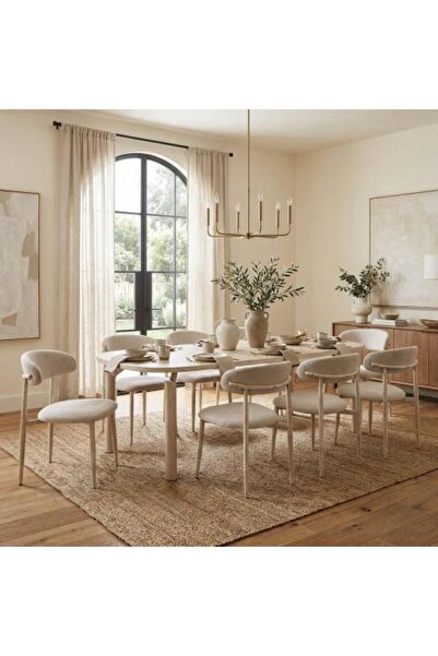 BAYTI Dining Table Marble Alternative 8 Chairs Beige Color