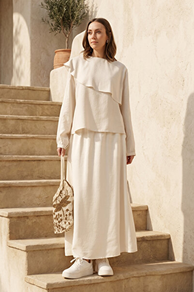 Nuss Modal Suit with Ruffle Detail Skirt on the Front 1088 Cream