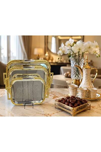 Generic 3-Piece Tray Set with Different Sizes, Rectangular Shape, with Silver...