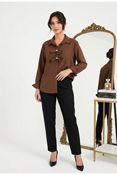 wishne Women's Black Bow Detailed Stoned Shirt - Luxurious Design Elegant Blouse