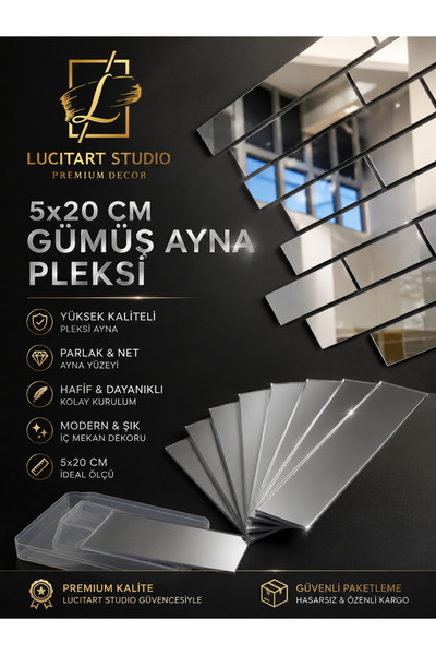 LucitART 30 adet 5cmX20cm | Dekoratif Tuğla Desenli Gümüş Aynalı Pleksi Seti ...