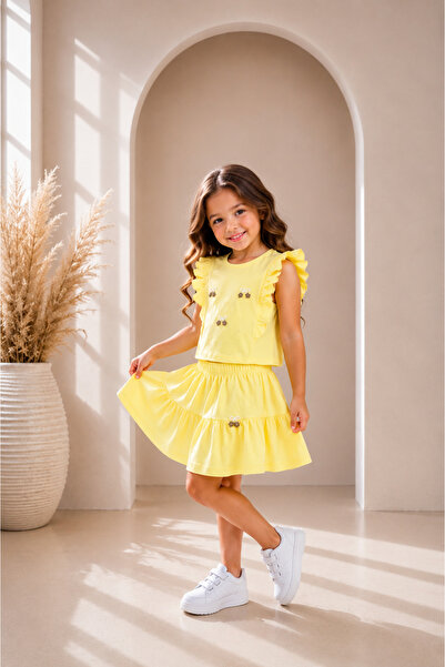 zepkids Girl's Two-Piece Set Yellow Color Ruffle Sleeves Layered Skirt Set