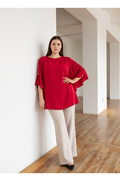 PERA MODA قميص نسائي أنيق بأكمام طويلة ومزين بالخرز على الجوانب، مقاس كبير