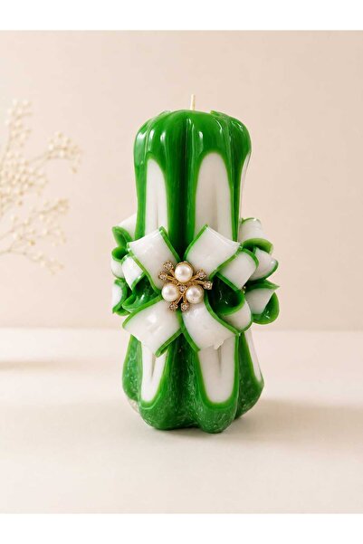 LeviLux Candles Lumânare decorativă sculptată handmade ceară parafină alb verde