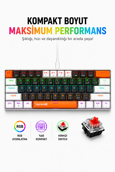 SAYMOND Trol Red Switch Mini Rgb Oyun Klavyesi Gaming Mekanik 62 Tuşlu 18 Led...
