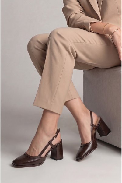 Suvra Women's Thick Heeled Slingback Shoes – Classic Heeled Shoes with Blunt Toe