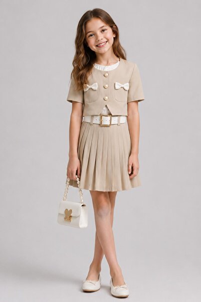 Riccotarz Girl's Ruffled Square Collar Ribbon Pocket Detailed Top with Elasti...