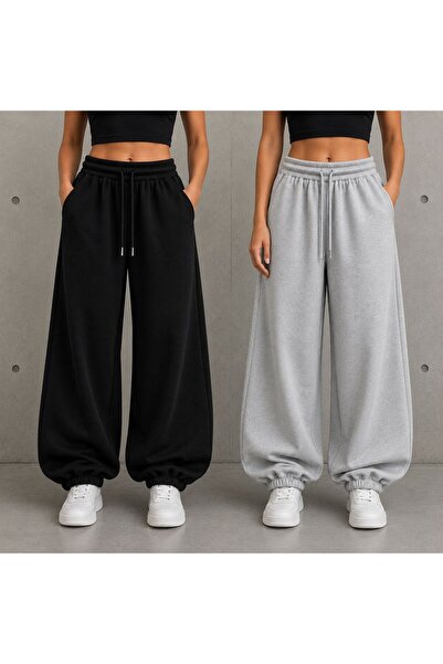 LOSMARY 2 Pieces Black and Gray Elasticated Leg Sweatpants
