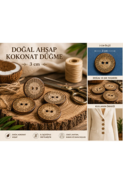 İMREN AKSESUAR Kaban Ceket ve Hırka İçin Doğal Kokonat Lazer Çizimli Düğme 3 ...