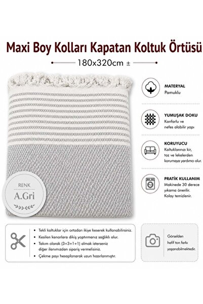Mandaş Açık Gri - Pamuklu Kaymaz Hasır Dokuma Maxi Boy Kolları Örten Koltuk Örtüsü (180x310)