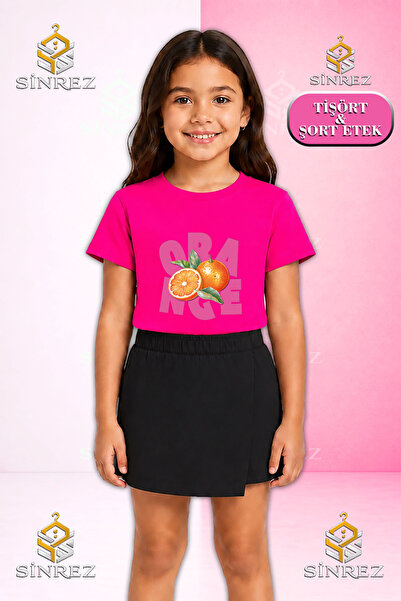 SİNREZ Set pentru fete ORENGE PINK YAZI PRTKL Tricou cu mânecă scurtă imprima...