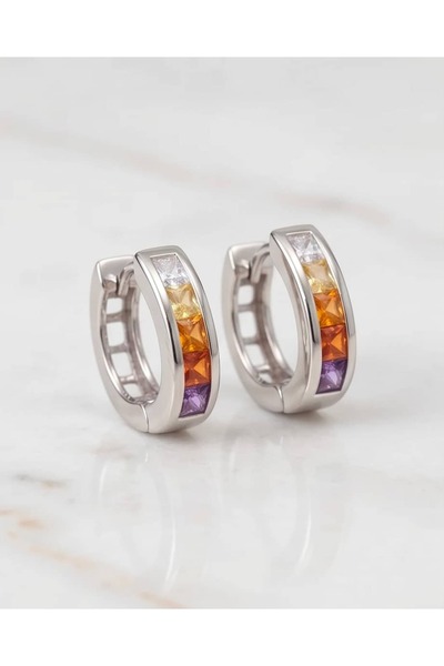 Portakal Esintisi Chromelle Multi-Colored Square Zircon Stone Hoop Steel Xupi...