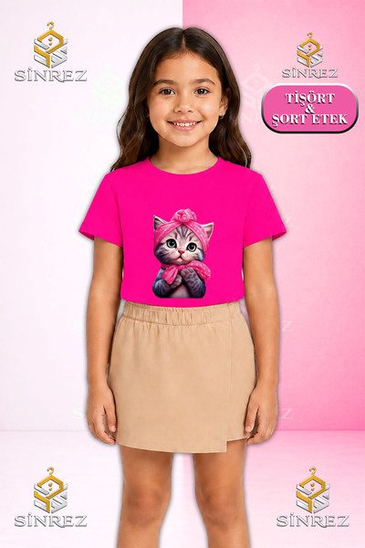 SİNREZ Set pentru fete SEKER KEDI YARIM PEMBE KRDL Tricou cu mânecă scurtă im...