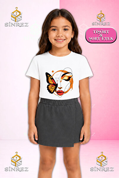 SİNREZ Girl's Set Butterfly Girl on Face Printed Short Sleeve T-Shirt Shorts ...