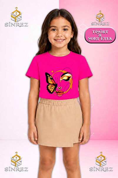 SİNREZ Girl's Set Butterfly Girl on Face Printed Short Sleeve T-Shirt Shorts ...