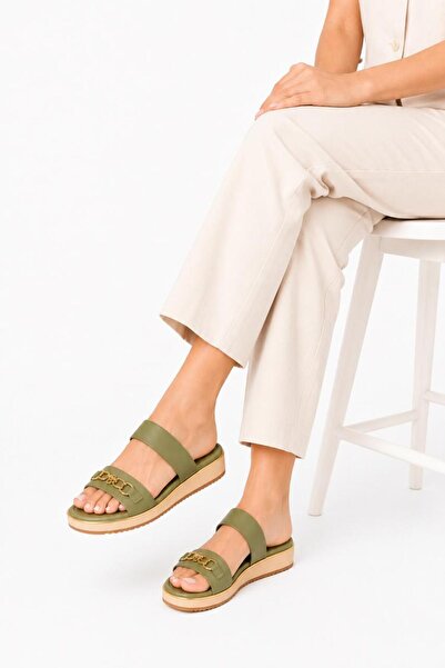 Chrisbella Women’s Sandals-Olive Green Leather Slide Sandals with Gold Chain ...
