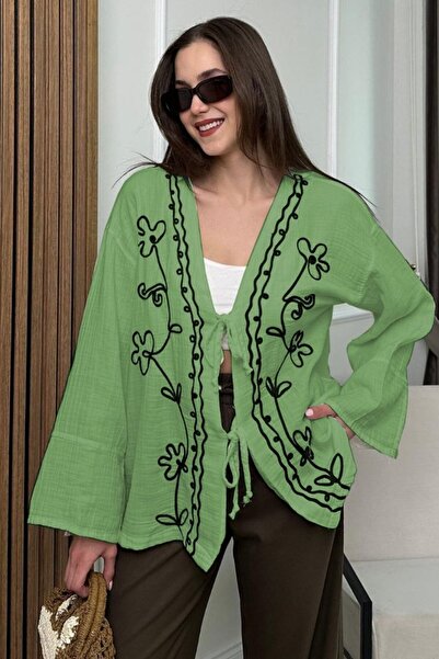 Kadın Nakış İşlemeli Bağlamalı Müslin Kimono Gömlek