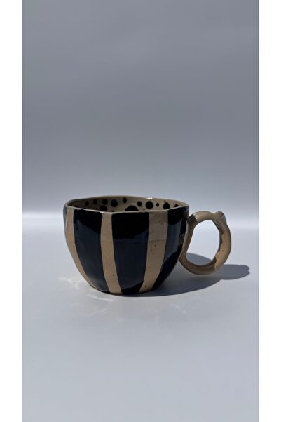 Joy Fincanlar El Yapımı İçi Siyah Benekli Dışı Çizgili Benekli Stoneware Seramik Kahve Çay Fincanı