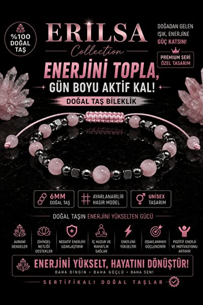 Erilsa Certified Pink Quartz Terahertz Natural Stone Bracelet 6 mm Adjustable...