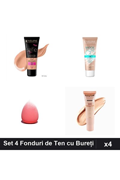Eveline Set 4 Fonduri de Ten & Ruby Rose, Nuante Ivory Beige, cu Bureți Makeup