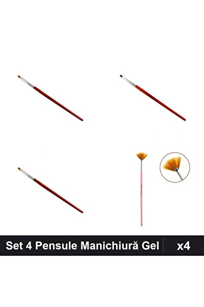 NAİLS Set 4 Pensule Manichiură Gel, Model Țesit, Evantai și Limbă Pisică, Pro...