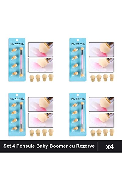 NAİLS Set 4 Pensule Baby Boomer Burete Ombre + 16 Rezerve, Manichiură Profesi...