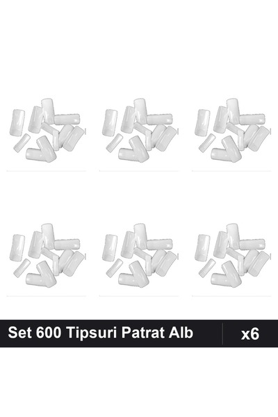 NAİLS Set 6x100 Tipsuri Unghii Clasice Patrat Alb, 600 Bucati Manichiura Prof...