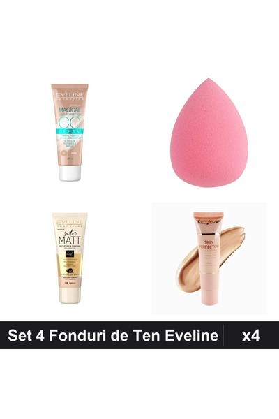 Eveline Set 4 Fonduri de Ten CCC Magical și Satin Matt, Burete Makeup Roz