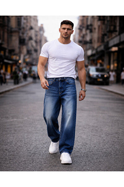 Fashion İstanbul Men's Su Blue Baggy Jean Trousers Comfortable Fit Wide Leg D...