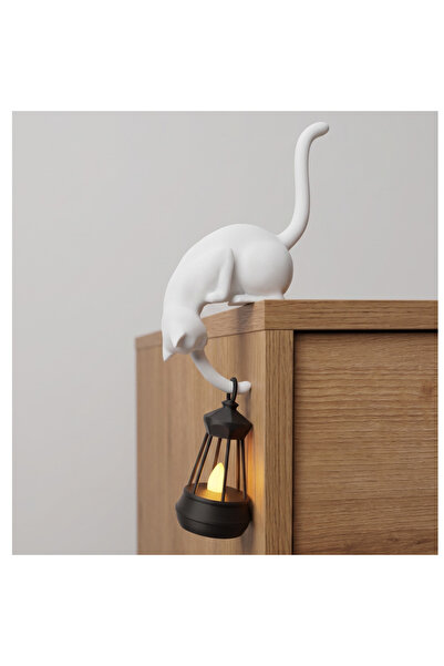 VibecraftRomania Figurină Decorativă Pisică Curioasă cu Mini-Felinar LED Agățat