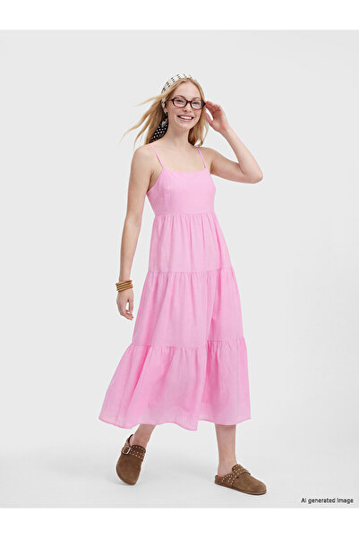 LC Waikiki Nevavm Square Collar Rope Strap Layered Dress with a Difference