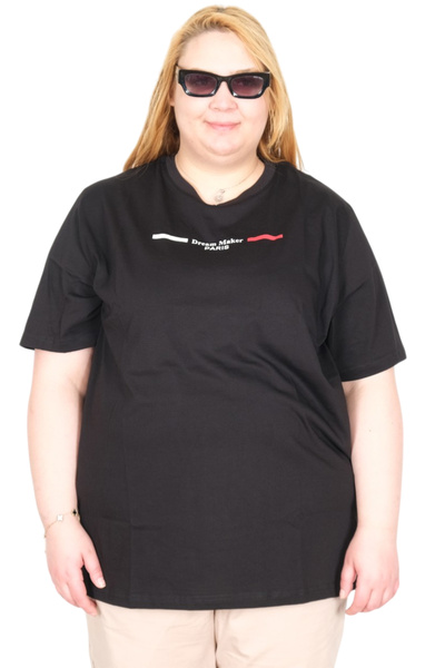 ModeXL Γυναικείο μπλουζάκι Mode XL Real Big Size με γιακά Bıs Dream U26126 ΜΑΥΡΟ