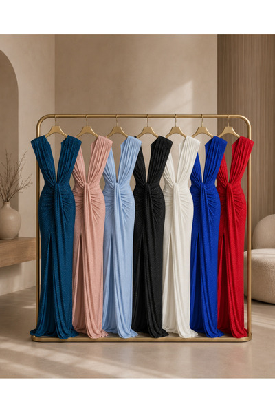 OEM Rochie lunga eleganta dama cu decolteu adanc, fronseu si slit pe picior