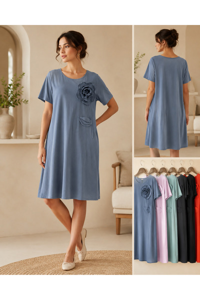 OEM Rochie dama midi lejera din bumbac cu aplicatie florala 3D si maneca scurta