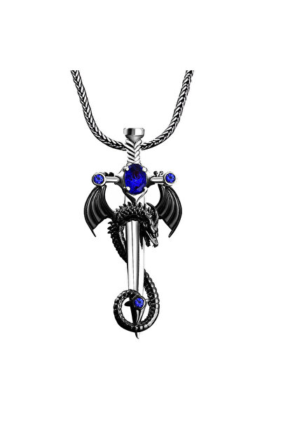 CTAL Unisex necklace with dark blue dragon pendant, CTAL, black, silver with ...