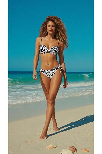 Pierre Cardin Double Dolgulu Bikini Takım Siyah Beyaz Desenli 231205-D